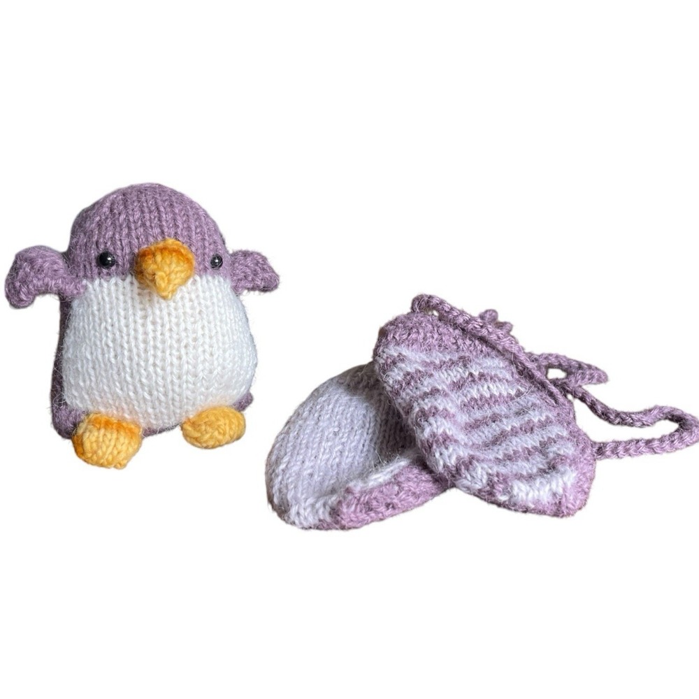 Handmade Baby‎ Set Toy Mittens Sz 9-12 mo Knitted Penguin Gloves Alpaca Wool